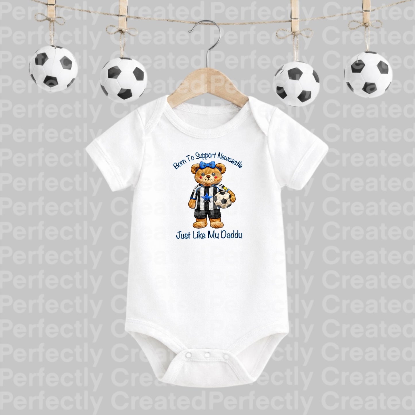 Born to Support Newcastle | Embroidered Style Football Teddy with Bow Short Sleeve Baby Vest