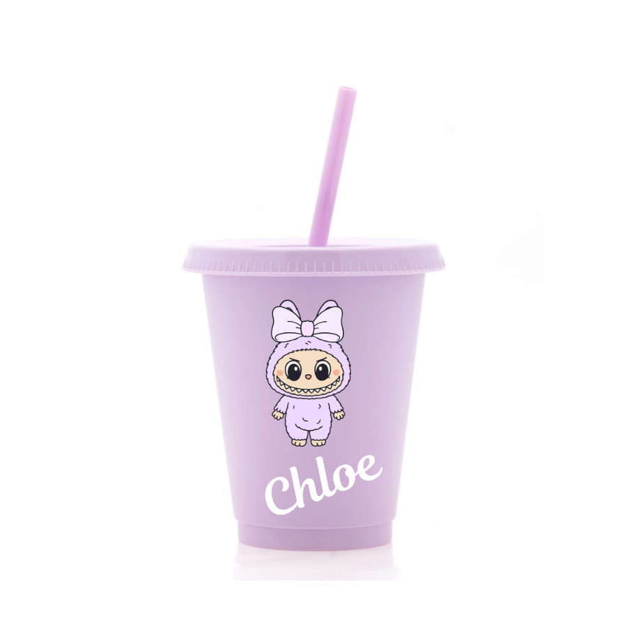 Personalised Little Monsters with Bow 16oz Cold Cup with lid and straw