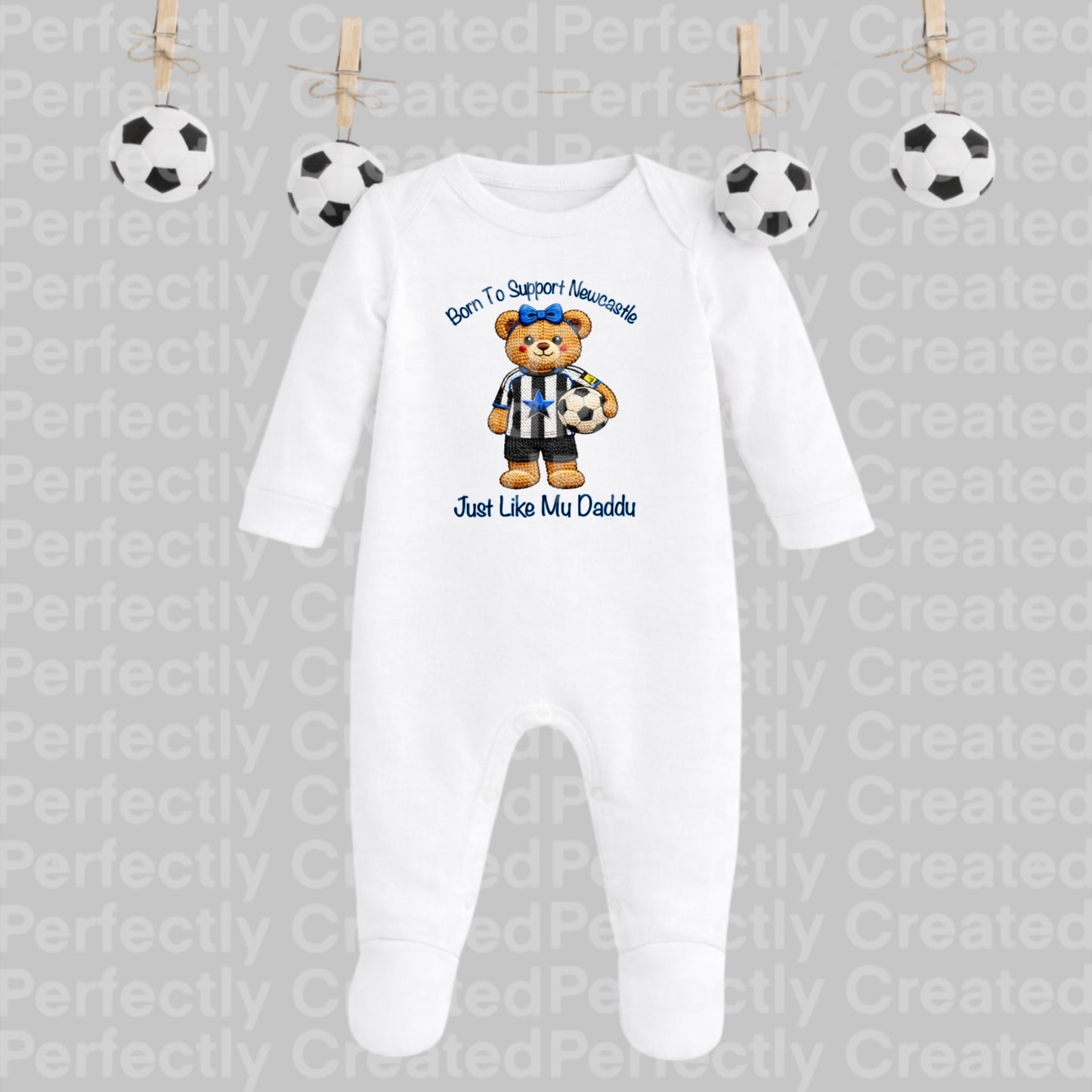 Born to Support Newcastle | Embroidered Style Football Teddy with Bow Long Sleeve Baby Romper