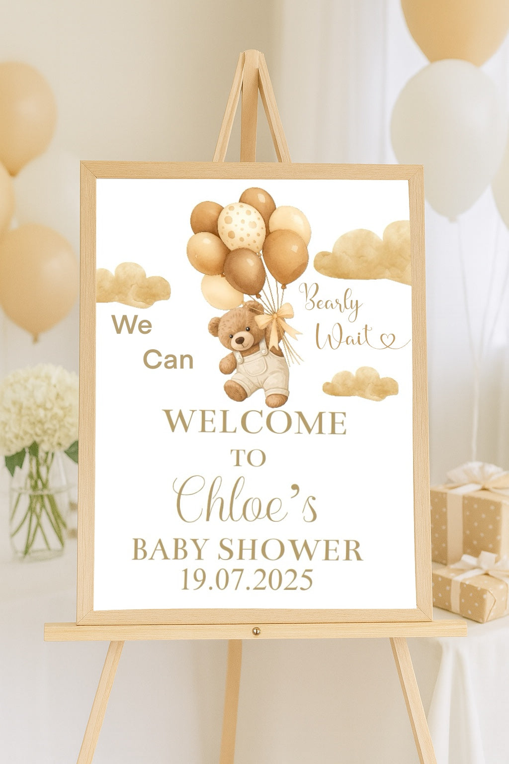 Personalised “We Can Bearly Wait” Baby Shower Welcome Sign – Blue/pink or Neutral Teddy Bear Theme