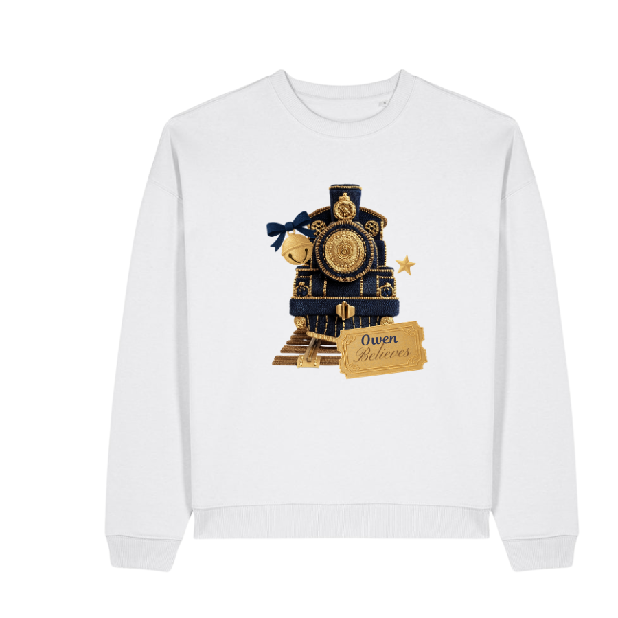 Personalised I Believe Polar Express, White With Navy Embroidered Style Print Kids