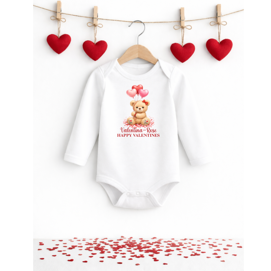 Personalised Valentine Baby Long Sleeved Bodysuit – Teddy Bear With Hair Bow Holding Heart Balloon Design