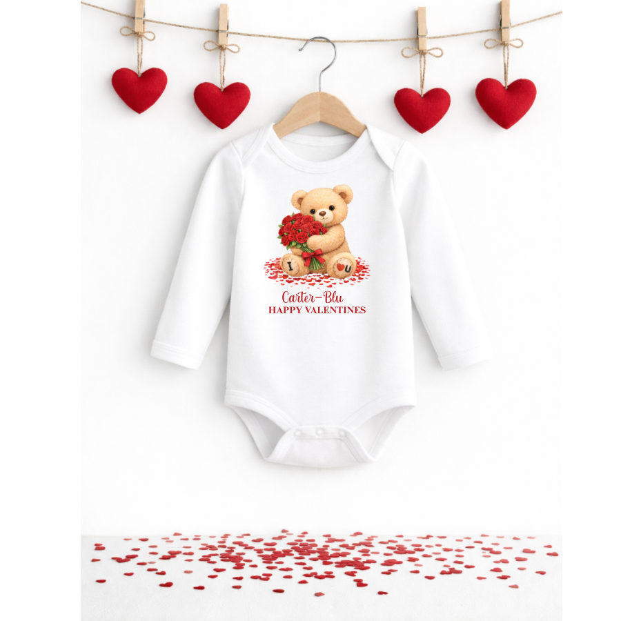 Personalised Valentine’s Baby Long Sleeved Bodysuit – Teddy Bear Red Roses Design