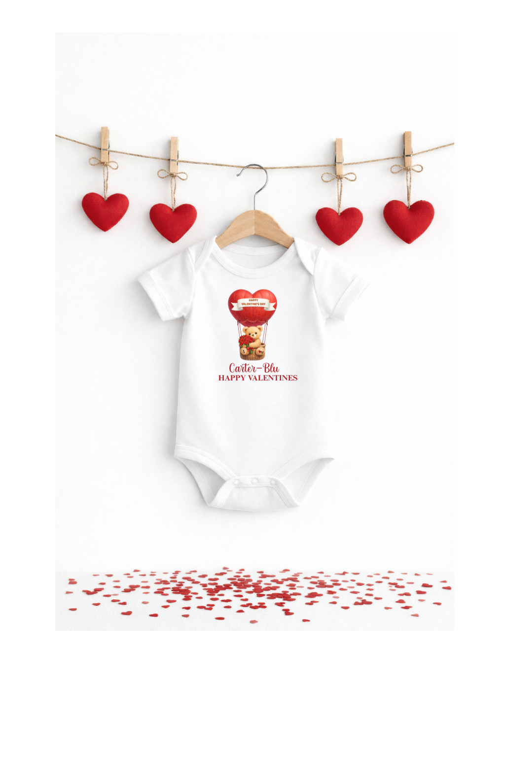 Personalised Valentine Baby Short Sleeved Bodysuit – Teddy Bear Hot Air Balloon Design