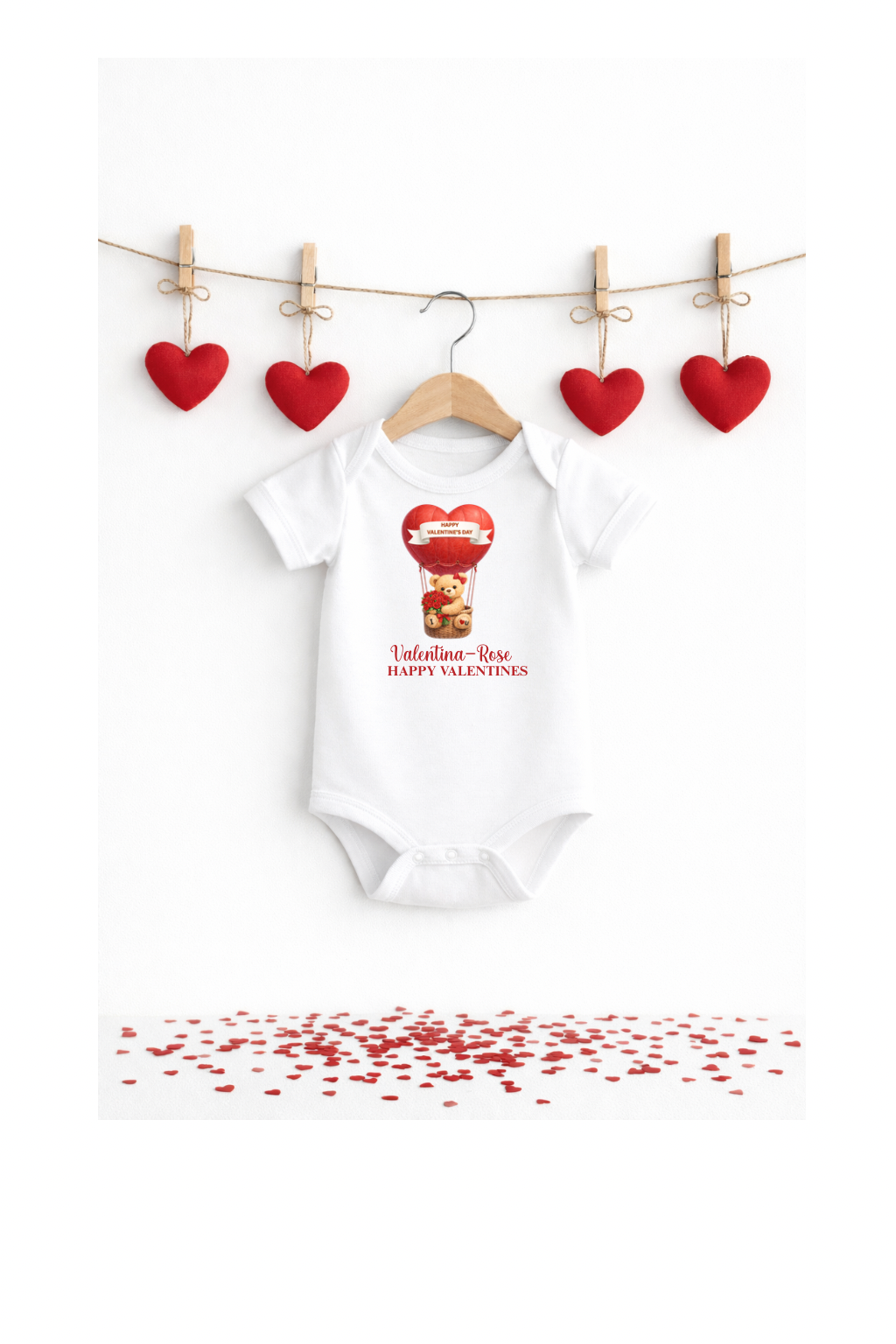 Personalised Valentine’s Baby Short Sleeved Bodysuit – Teddy Bear With Hair Bow Red Roses Design
