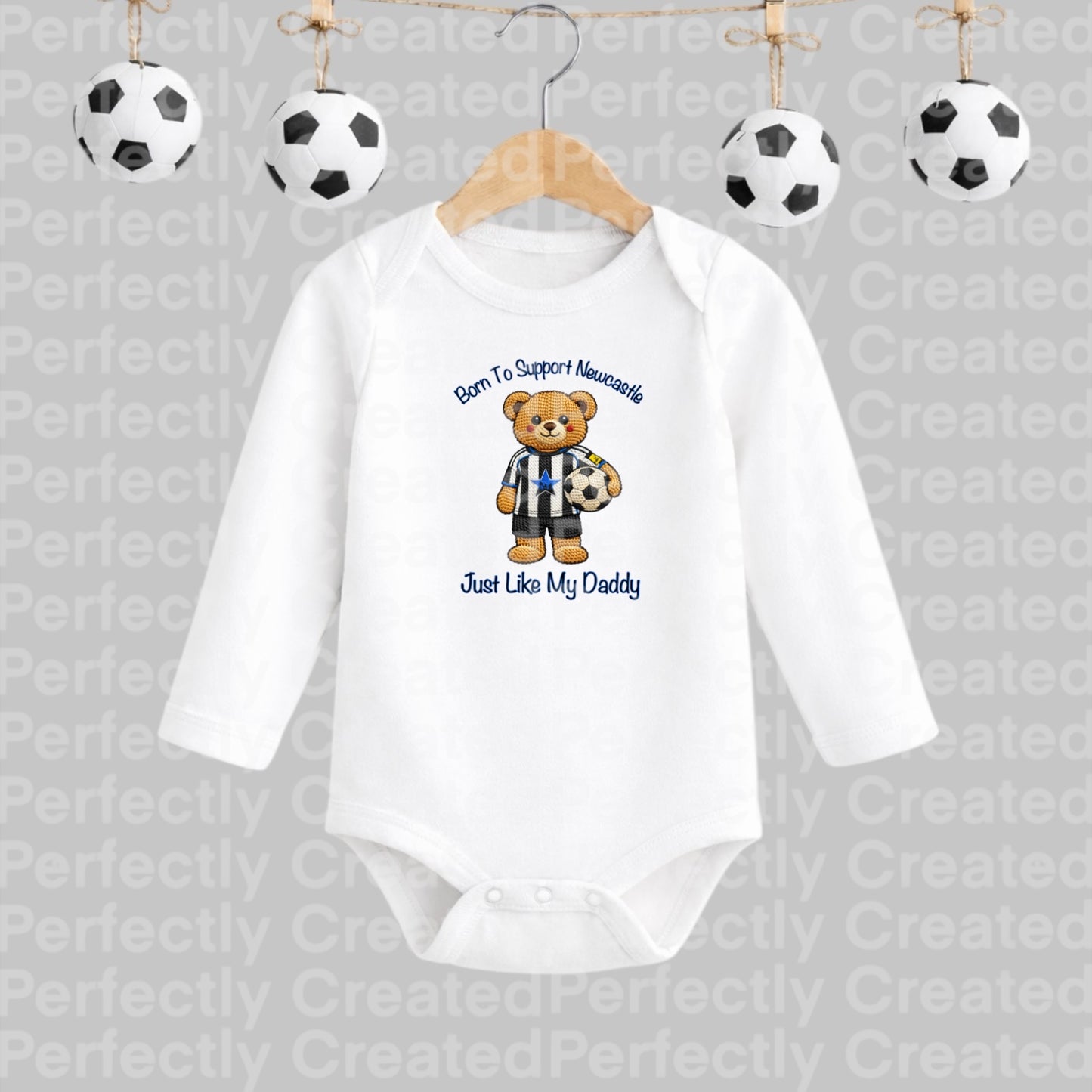 Born to Support Newcastle | Embroidered Style Football Teddy Long Sleeve Baby Vest