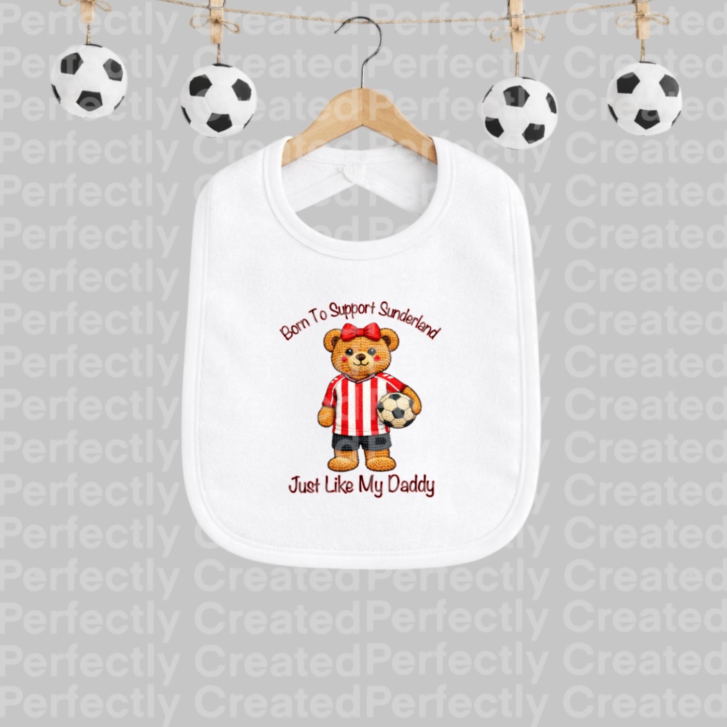 ❤️🤍 Born To Support Sunderland Teddy Bear with Bow – Baby Bib ⚽