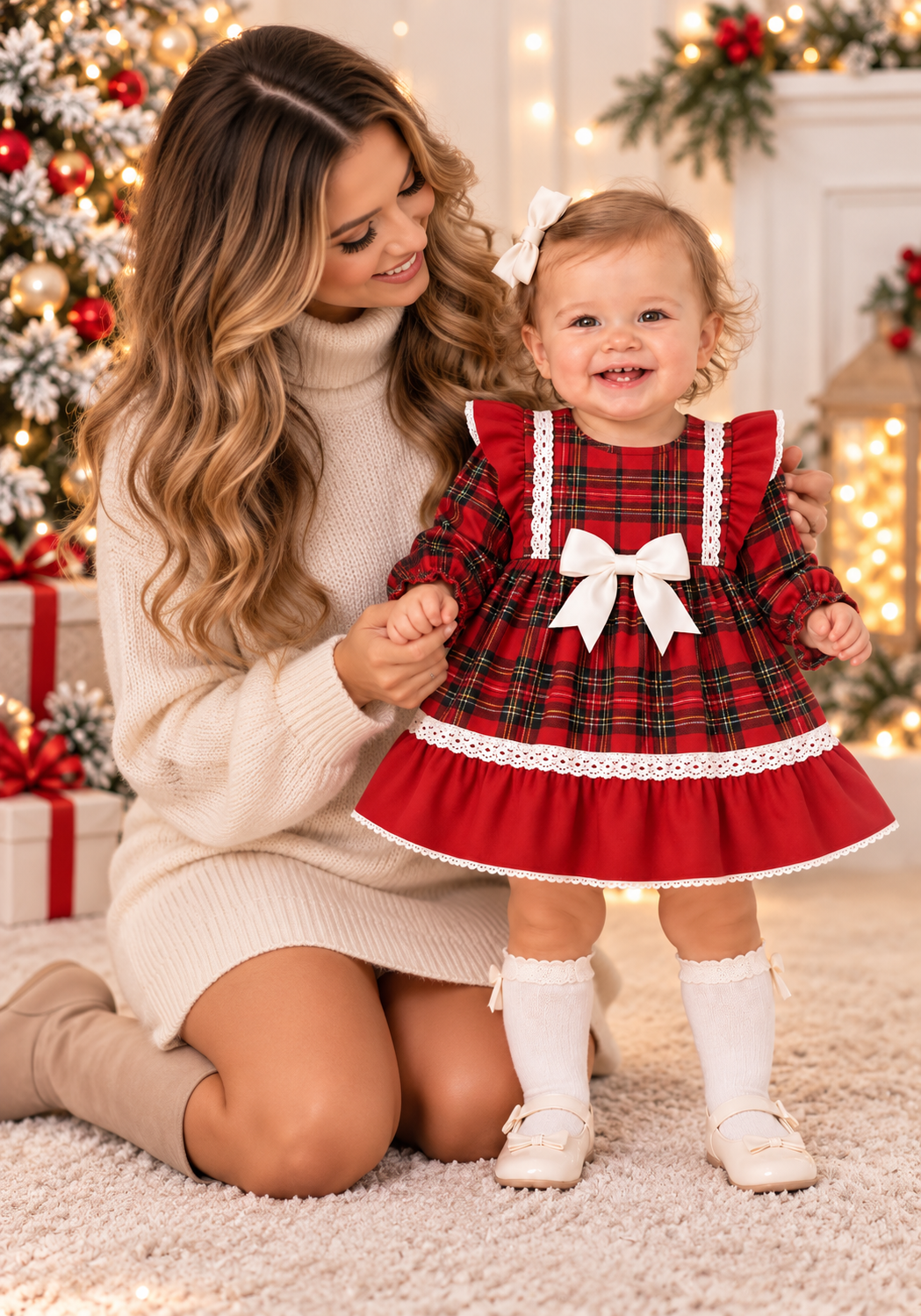 Baby Girls Red Tartan Christmas Dress with White Bow & Lace Trim