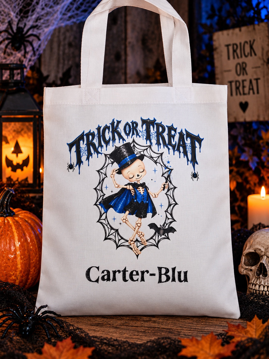 Blue personalised Halloween trick or treat bag