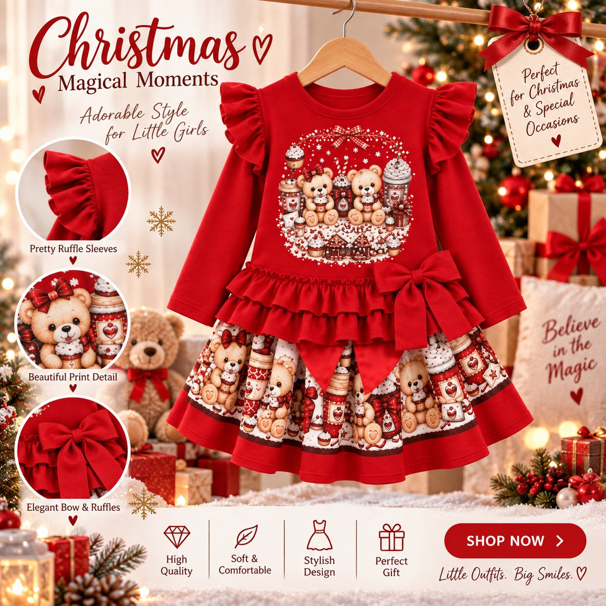 Girls red Christmas teddy bear dress festive advert