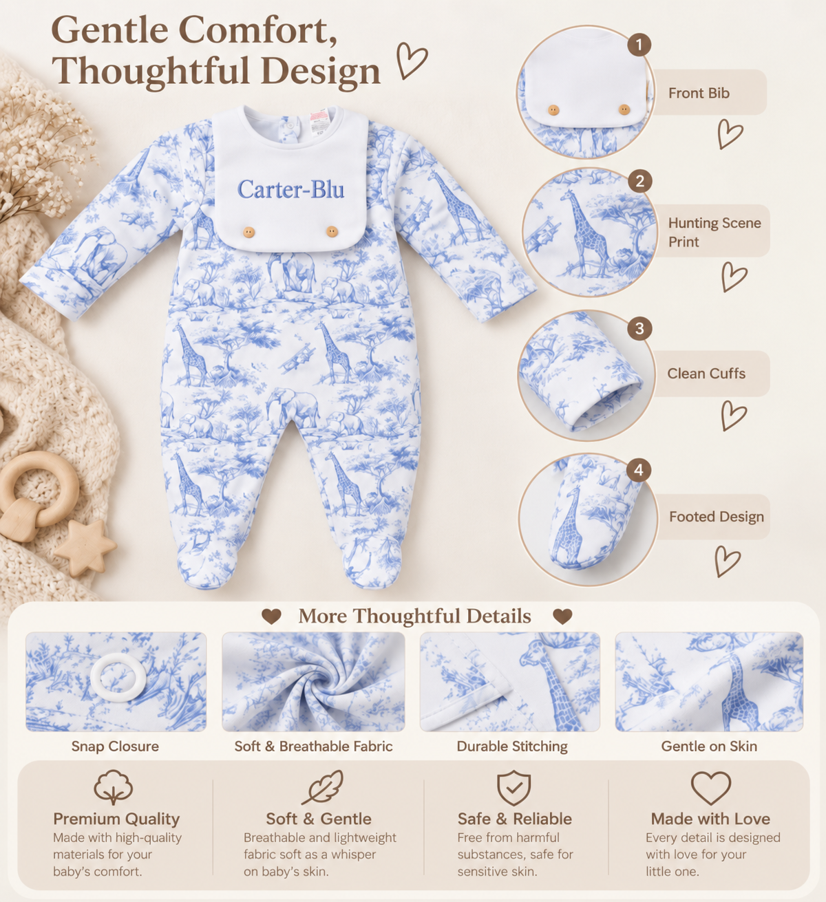 Personalised blue safari baby romper with embroidered name