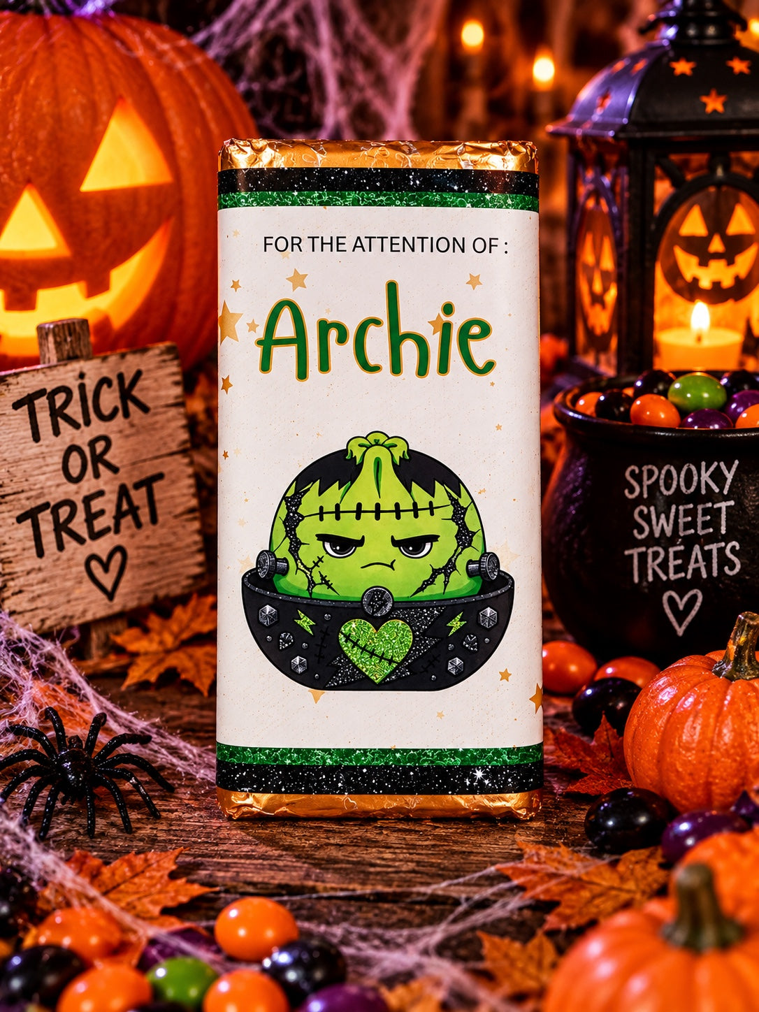 Personalised Frankenstein Halloween chocolate bar wrapper