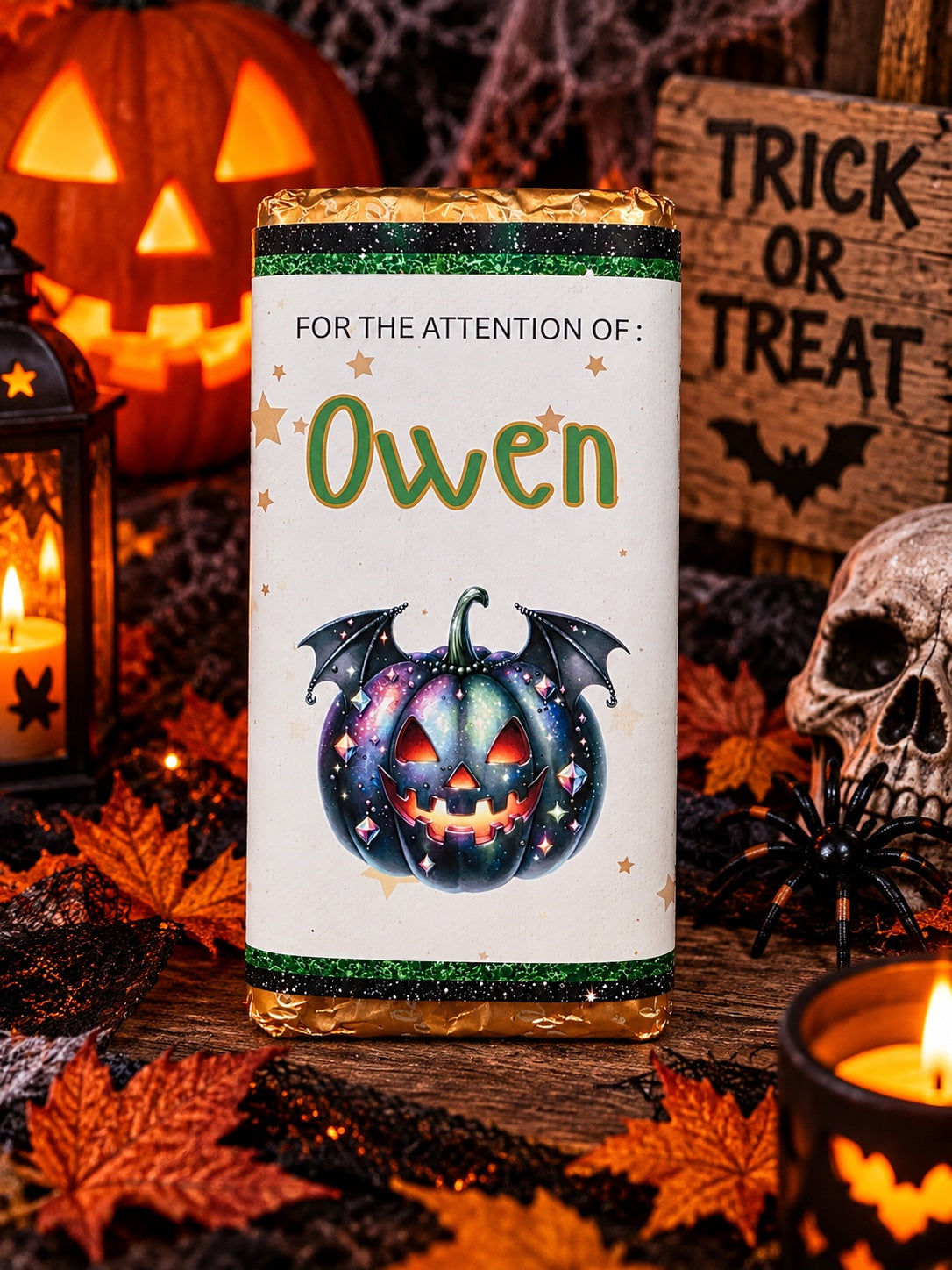 Personalised pumpkin Halloween chocolate bar wrapper