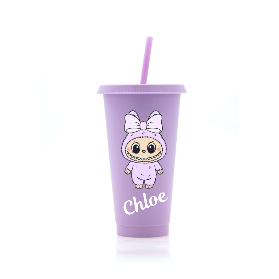 Personalised Little Monsters with Bow 24oz Cold Cup with lid and straw