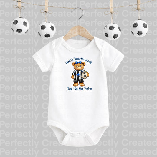 Born to Support Newcastle | Embroidered Style Football Teddy with Bow Short Sleeve Baby Vest