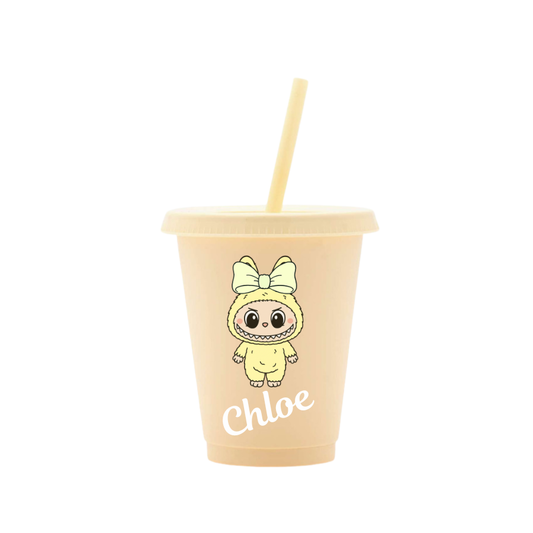 Personalised Little Monsters with Bow 16oz Cold Cup with lid and straw
