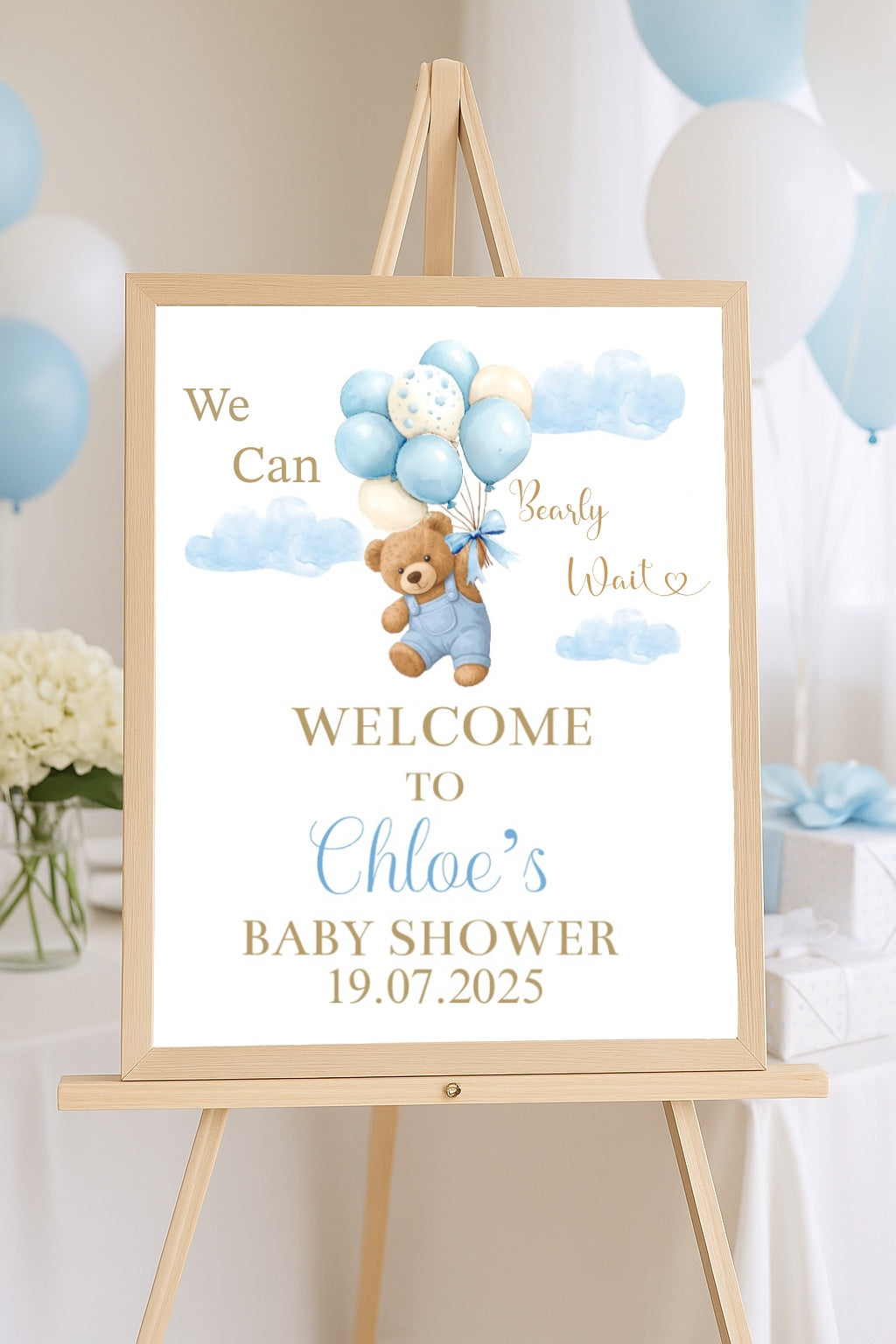 Personalised “We Can Bearly Wait” Baby Shower Welcome Sign – Blue/pink or Neutral Teddy Bear Theme