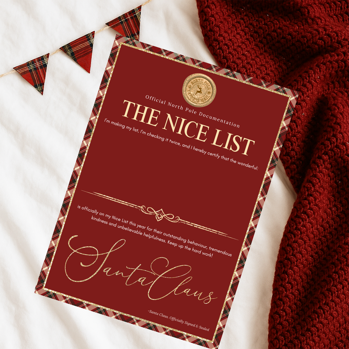 Tartan Personalised Nice List Certificate including envelope with wax stamp
