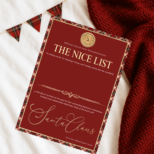 Tartan Personalised Nice List Certificate including envelope with wax stamp