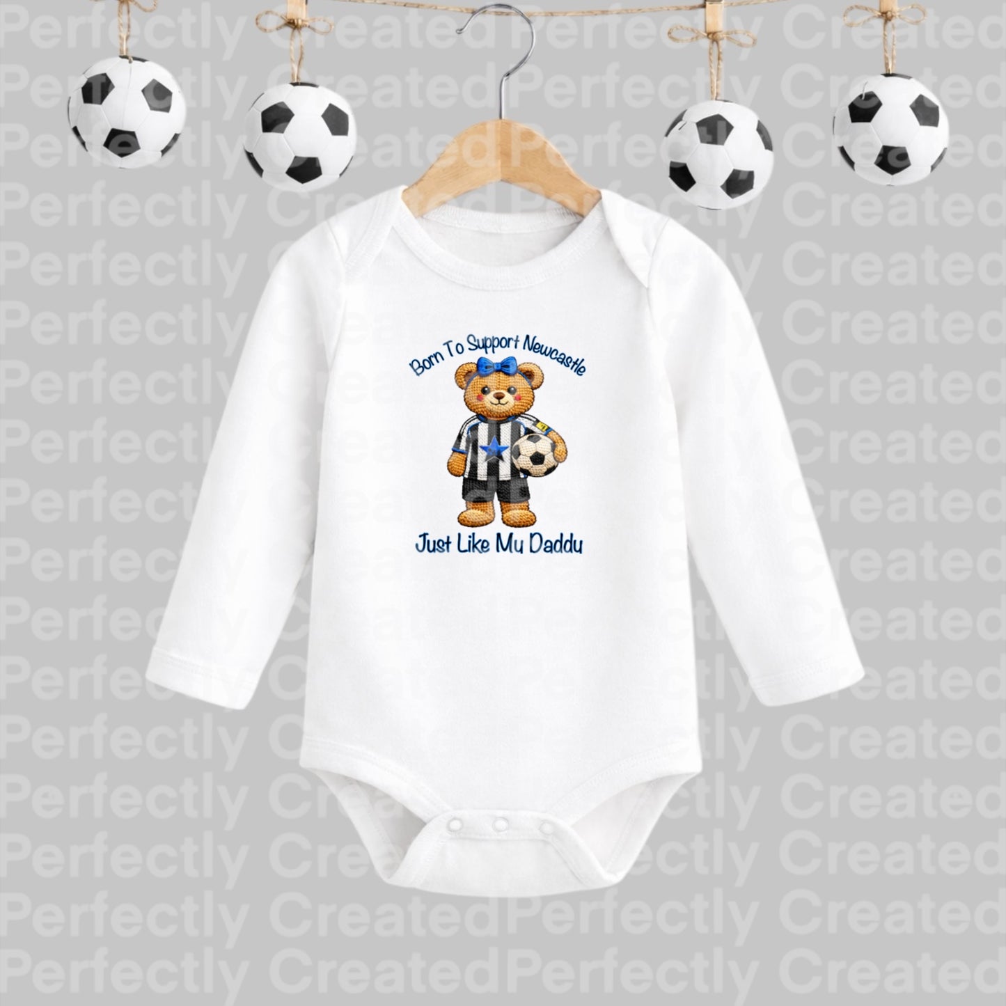 Born to Support Newcastle | Embroidered Style Football Teddy with Bow Long Sleeve Baby Vest