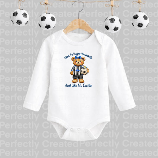 Born to Support Newcastle | Embroidered Style Football Teddy with Bow Long Sleeve Baby Vest