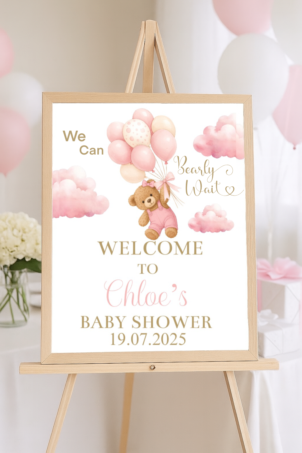 Personalised “We Can Bearly Wait” Baby Shower Welcome Sign – Blue/pink or Neutral Teddy Bear Theme