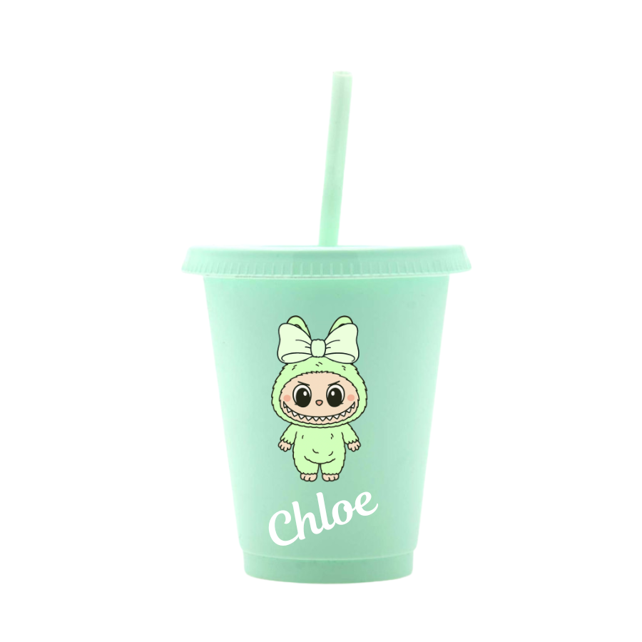 Personalised Little Monsters with Bow 16oz Cold Cup with lid and straw