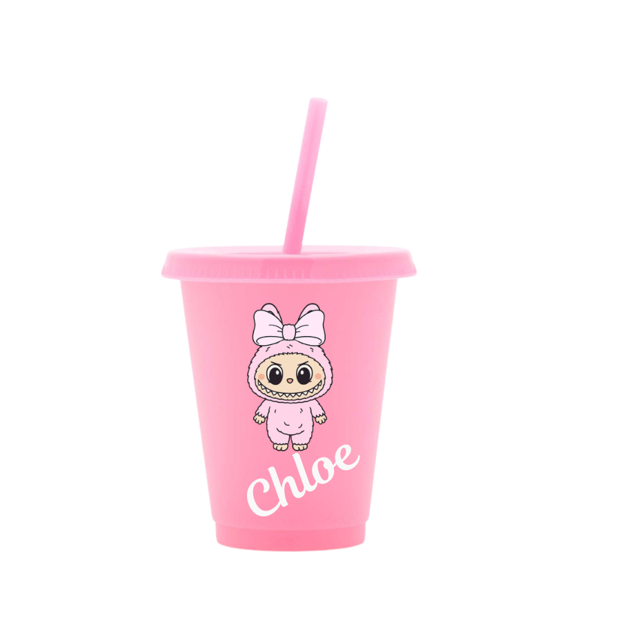 Personalised Little Monsters with Bow 16oz Cold Cup with lid and straw