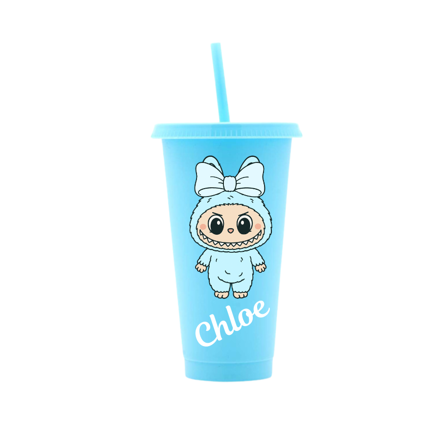 Personalised Little Monsters with Bow 24oz Cold Cup with lid and straw