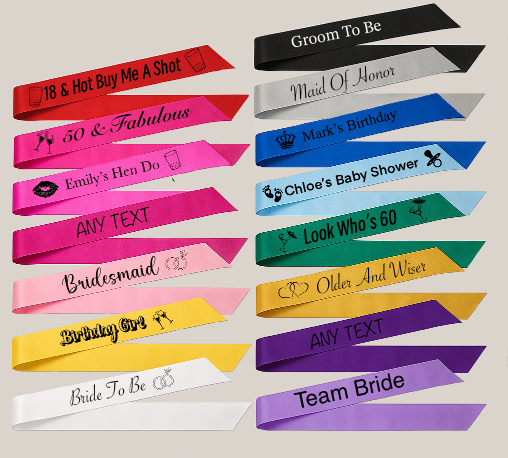 Custom Party Sashes – Personalised for Birthdays, Hen Dos, Baby Showers & More