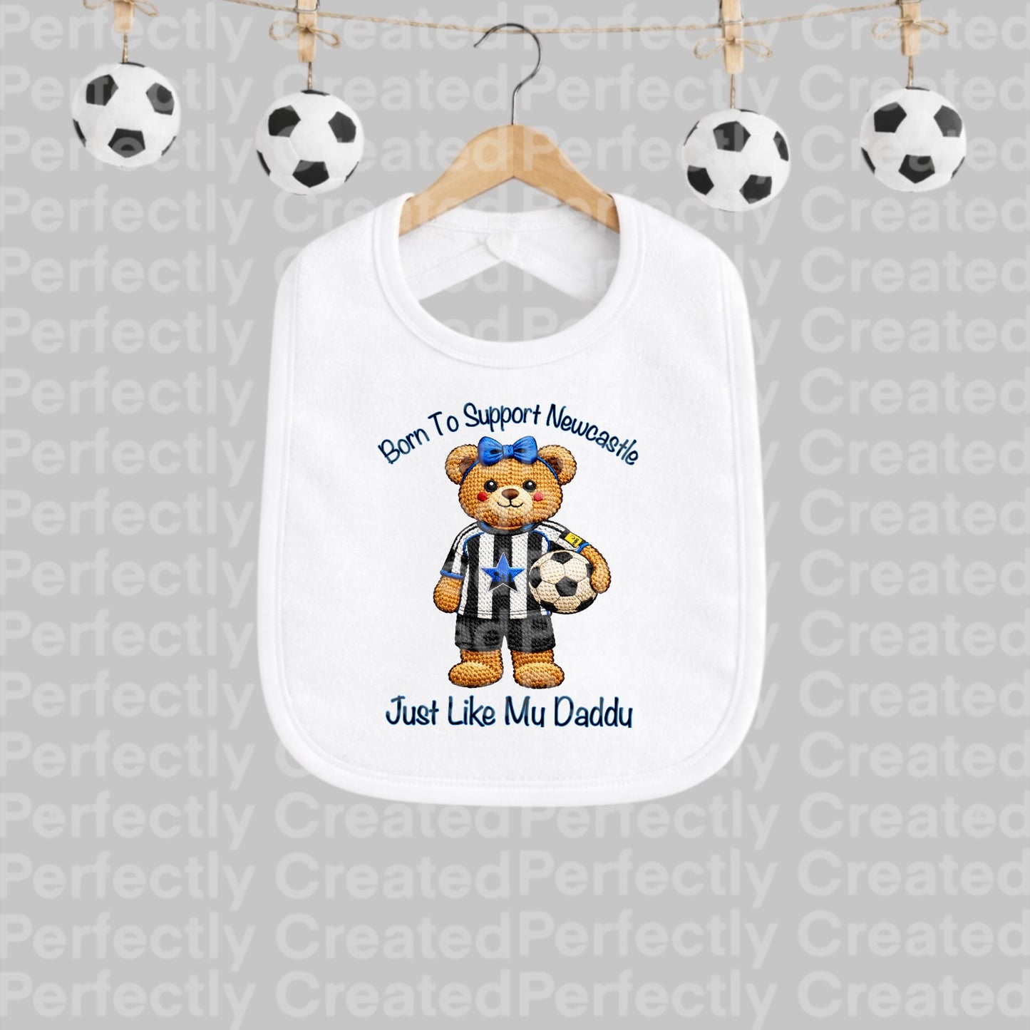 🖤🤍 Born To Support Newcastle Teddy Bear with Bow – Baby Bib ⚽
