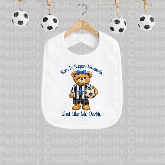 🖤🤍 Born To Support Newcastle Teddy Bear with Bow – Baby Bib ⚽