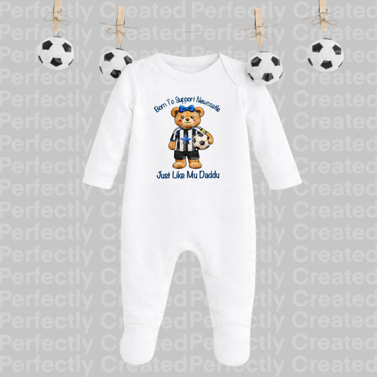 Born to Support Newcastle | Embroidered Style Football Teddy with Bow Long Sleeve Baby Romper