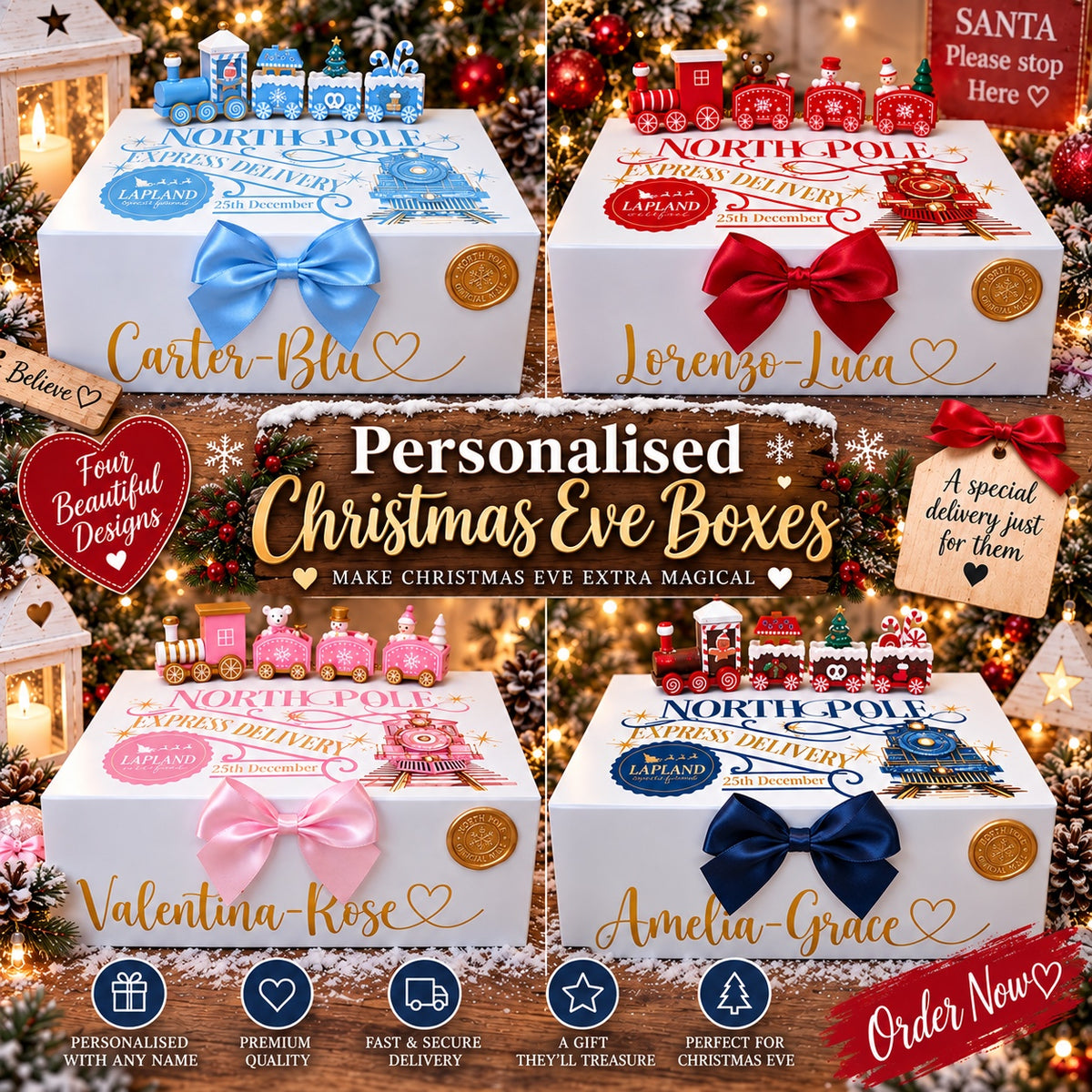 Personalised Christmas Eve Boxes - four colour designs