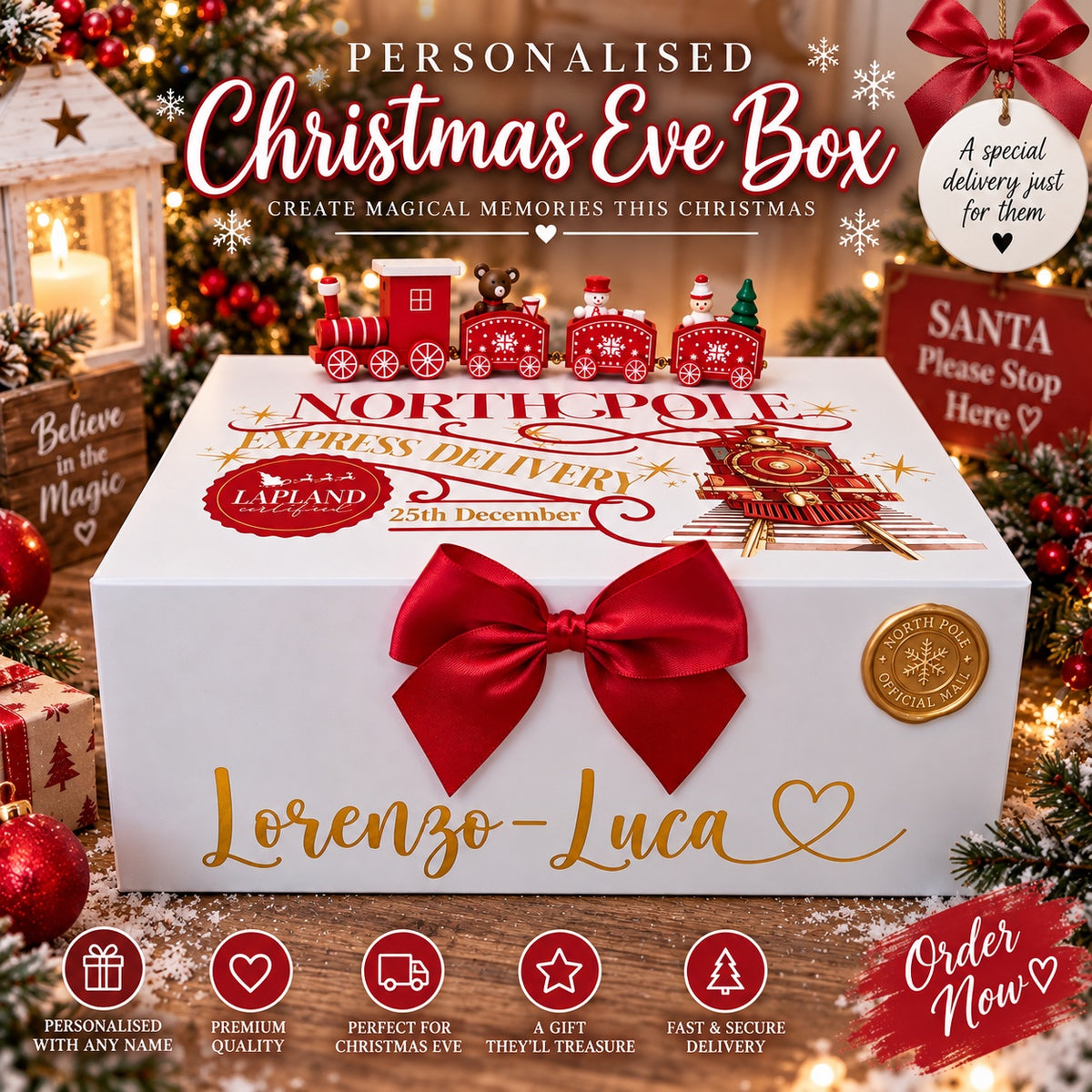 Red personalised Christmas Eve train box