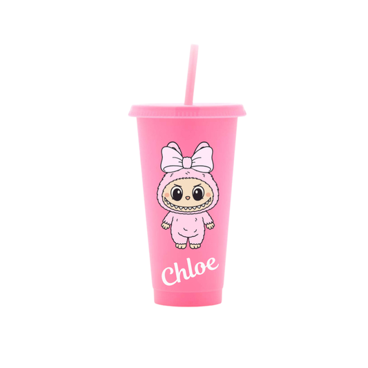 Personalised Little Monsters with Bow 24oz Cold Cup with lid and straw