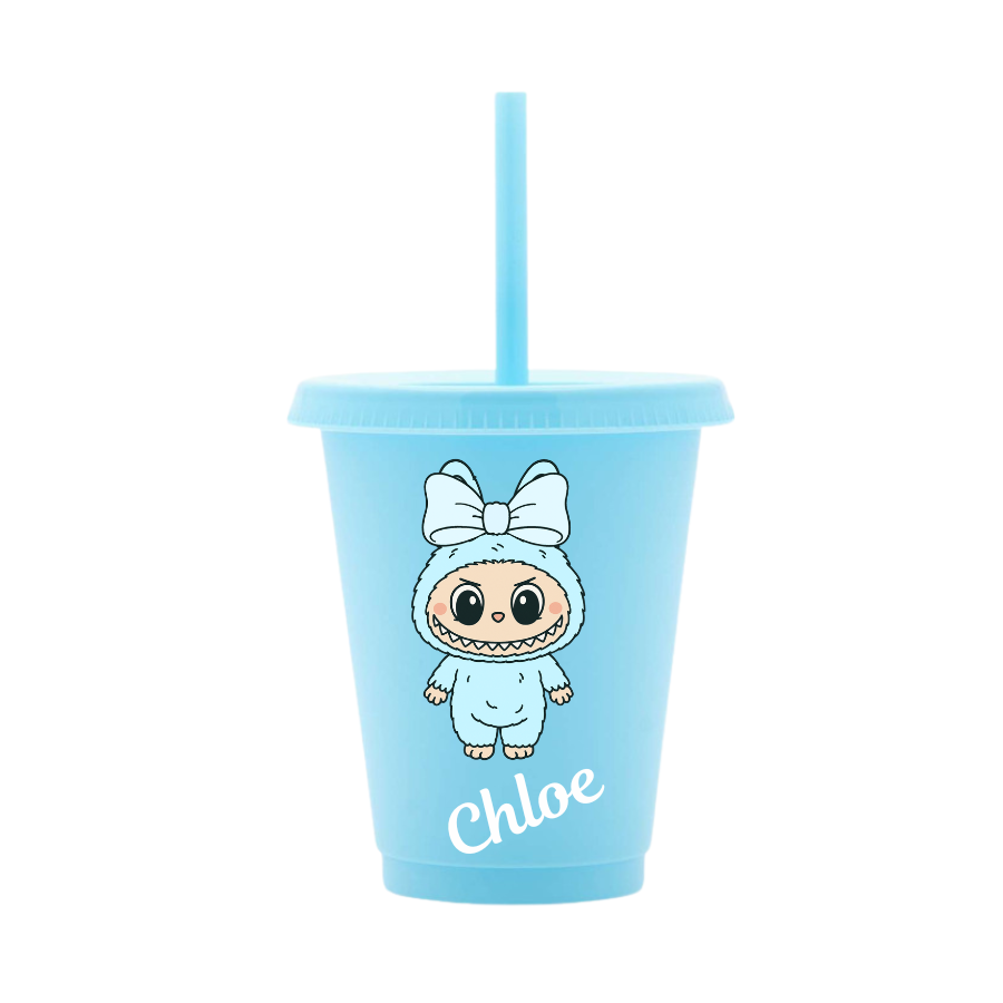 Personalised Little Monsters with Bow 16oz Cold Cup with lid and straw