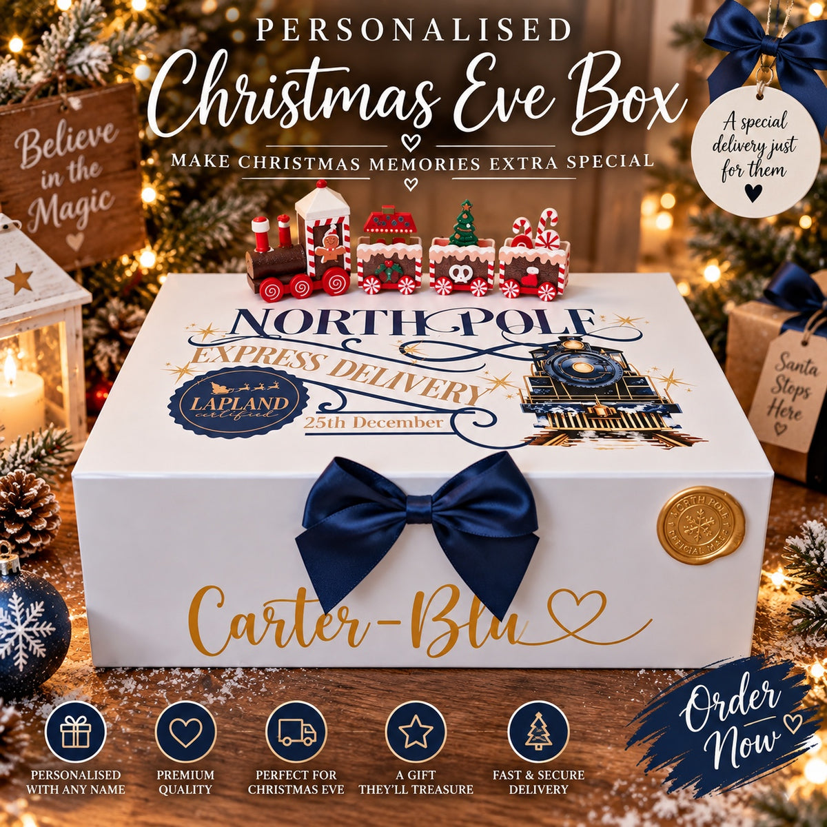 Navy personalised Christmas Eve train box