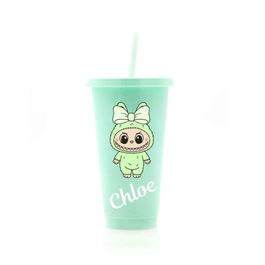 Personalised Little Monsters with Bow 24oz Cold Cup with lid and straw