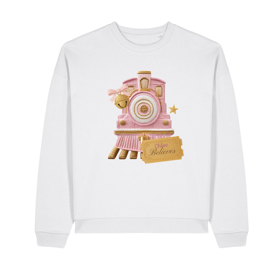 Personalised I Believe Polar Express, White With Pink Embroidered Style Print Kids