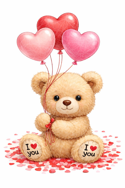 Valentine Teddy Bear Holding Heart Ballon’s DTF Transfer – 16cm Ready to Press