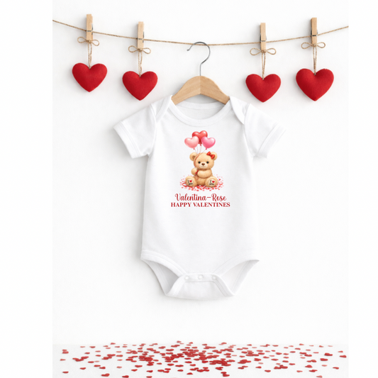 Personalised Valentine Baby Short Sleeved Bodysuit – Teddy Bear With Hair Bow Hot Air  Balloon Design