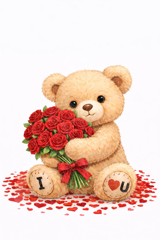 Valentine Teddy Bear with Red Roses DTF Transfer – 16cm Ready to Press