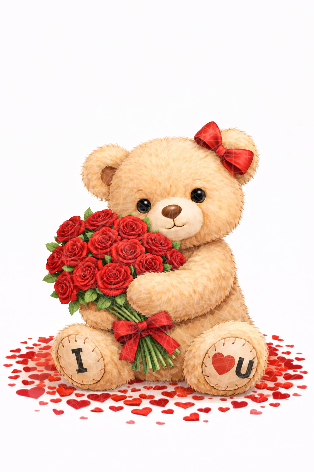 Valentine Teddy Bear with Hair Bow and Red Roses DTF Transfer – 16cm Ready to Press