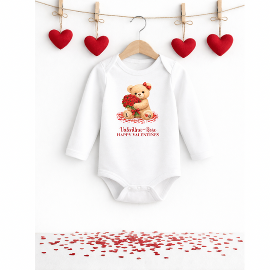 Personalised Valentine’s Baby Long Sleeved Bodysuit – Teddy Bear With Bow And Red Roses Design