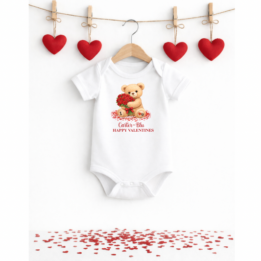 Personalised Valentine’s Baby Short Sleeved Bodysuit – Teddy Bear Red Roses Design
