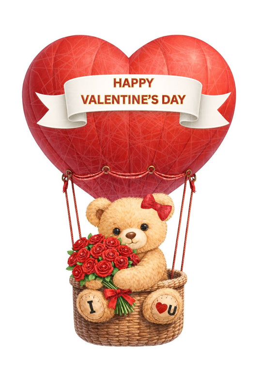 Valentine Teddy Bear with Hair Bow Heart Balloon DTF Transfer – 16cm Ready to Press
