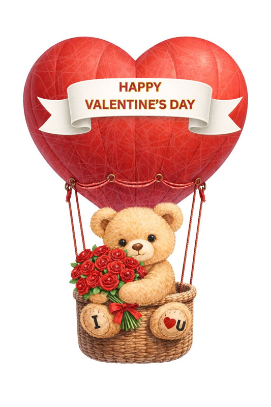 Valentine Teddy Bear Heart Balloon DTF Transfer – 16cm Ready to Press