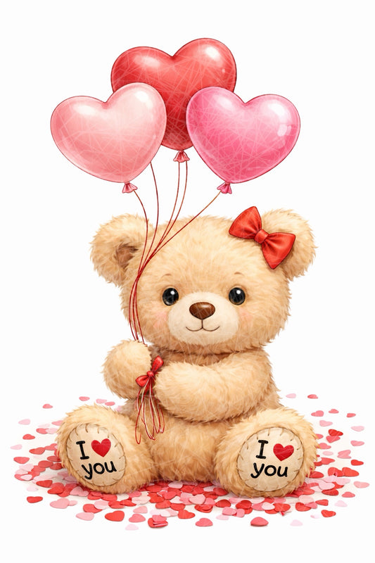 Valentine Teddy Bear With Hair Bow Heart Ballon’s DTF Transfer – 16cm Ready to Press