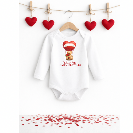 Personalised Valentine’s Baby Long Sleeved Bodysuit – Teddy Bear in a Hot Air Ballon Design